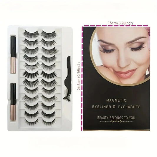 12 pairs of magnetic false eyelash sets, with eyeliner, natural makeup effect, reusable, curling magnetic eyelash sets