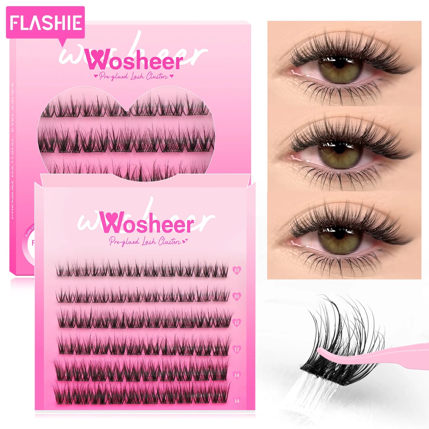 WOSHEER Self Adhesive Eyelashes Clusters Kit Lash Clusters DIY Eyelashes Pre Glued Reusable No Glue Needed No Remover No residue
