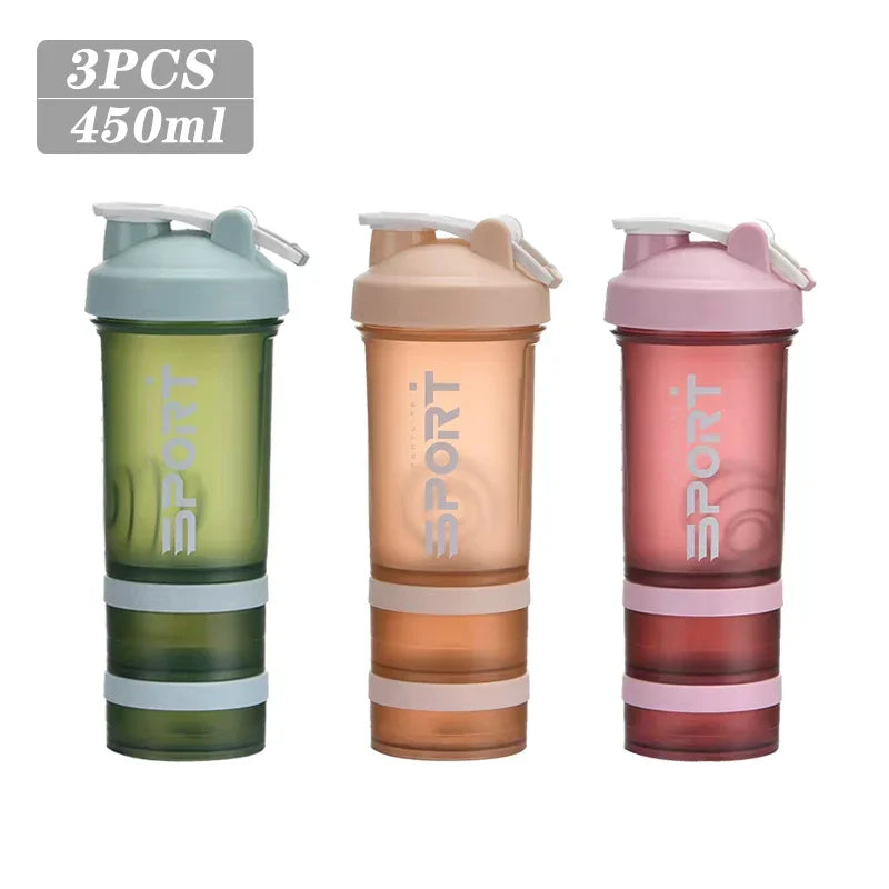 1-5PCS 500ML 3-Layer Sports Water Bottle Portable Leak-Proof Protein Shaker Cup for Outdoor Travel and Fitness Drinks