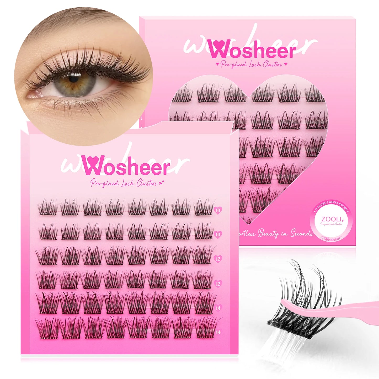 WOSHEER Self Adhesive Eyelashes Clusters Kit Lash Clusters DIY Eyelashes Pre Glued Reusable No Glue Needed No Remover No residue
