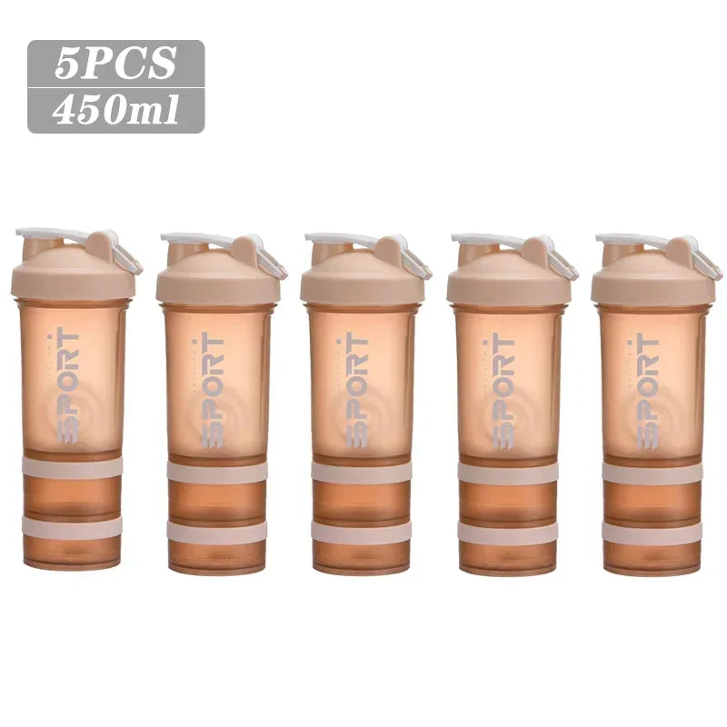 1-5PCS 500ML 3-Layer Sports Water Bottle Portable Leak-Proof Protein Shaker Cup for Outdoor Travel and Fitness Drinks