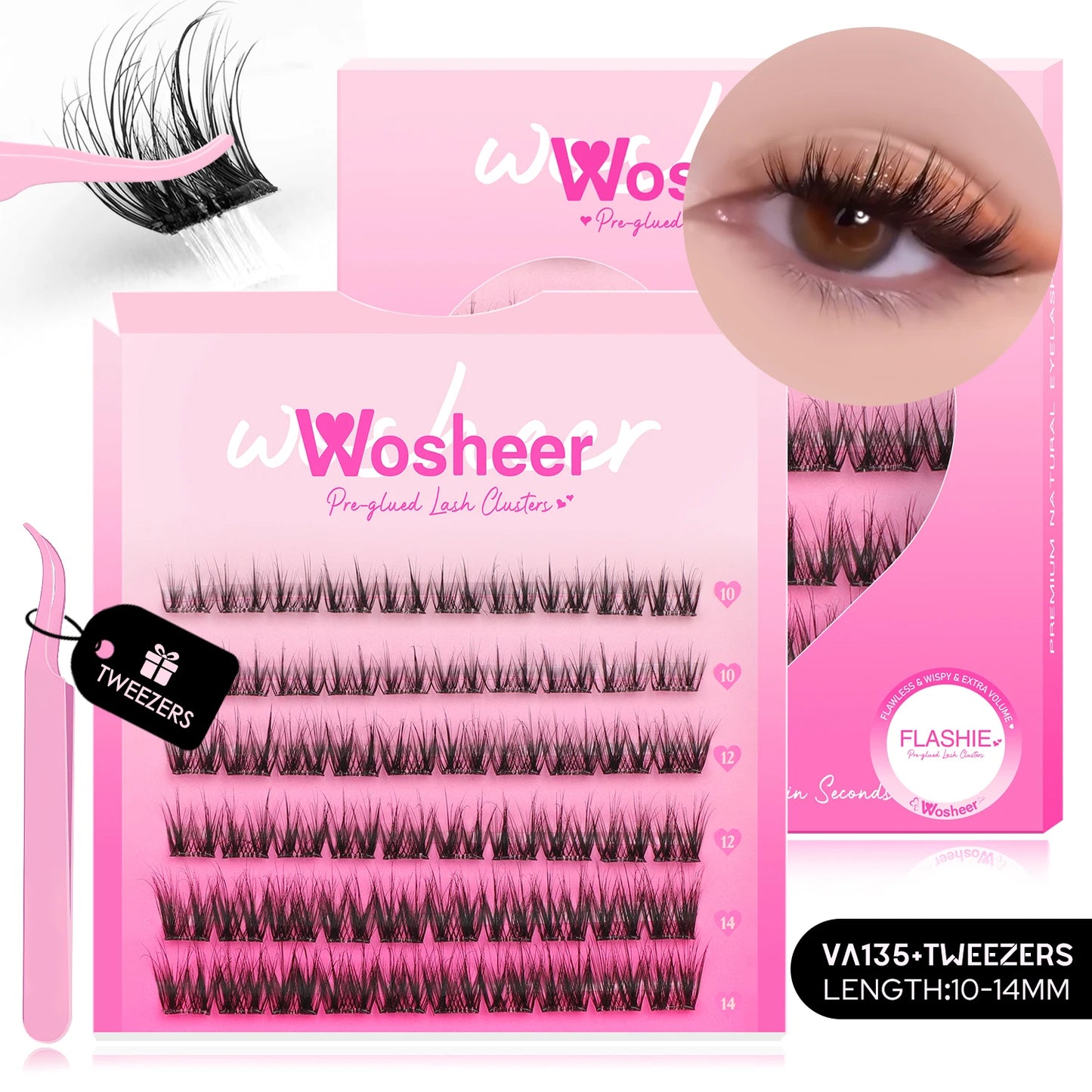WOSHEER Self Adhesive Eyelashes Clusters Kit Lash Clusters DIY Eyelashes Pre Glued Reusable No Glue Needed No Remover No residue