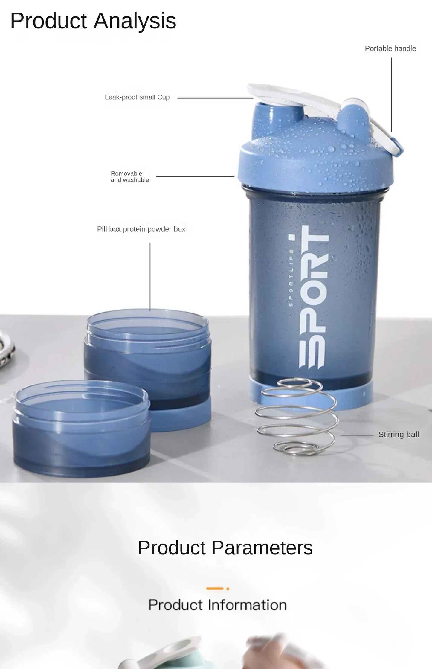 1-5PCS 500ML 3-Layer Sports Water Bottle Portable Leak-Proof Protein Shaker Cup for Outdoor Travel and Fitness Drinks